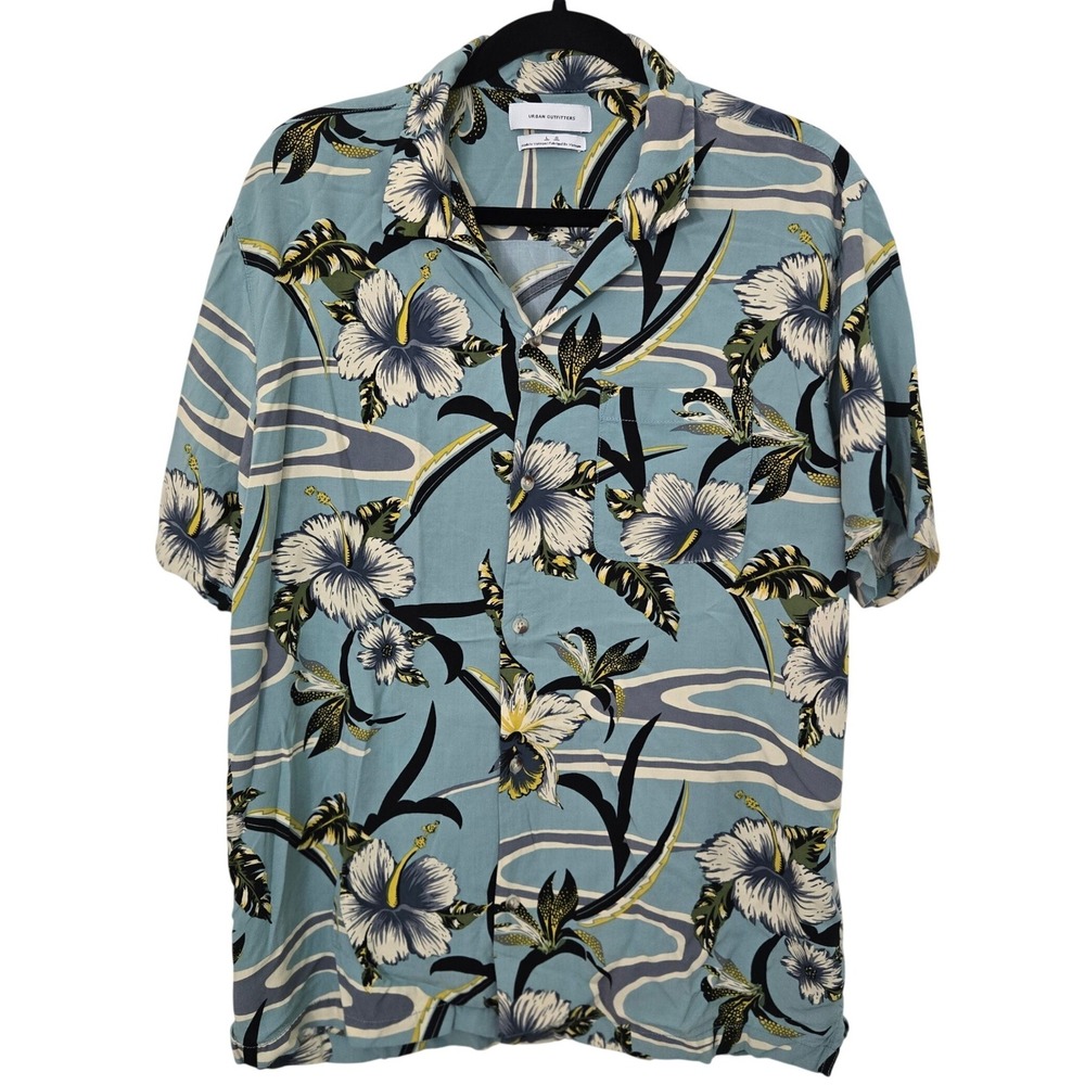 Urban Outfitters Mens L Hawaiian Shirt Blue Floral Hibiscus Viscose Button Up